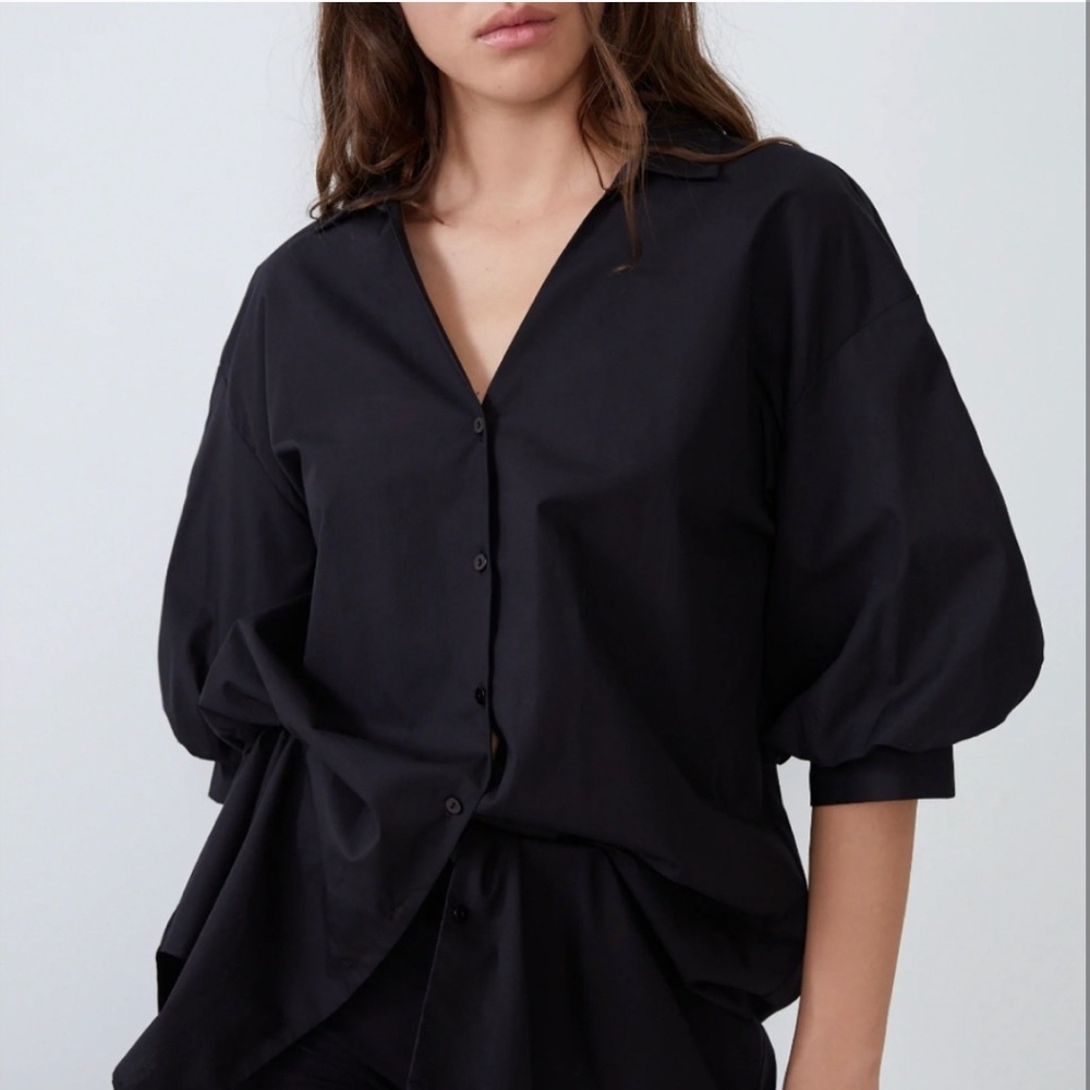 Zara Tops | Poplin black button down PUFF SLEEVE